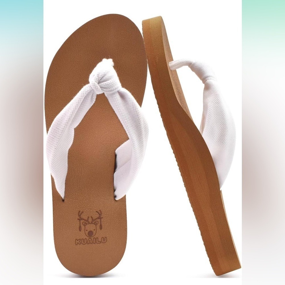 Kuailu Women Flip Flops Arch Support Yoga Mat Foam Bow Sandals White Size 9.5